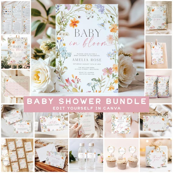 Baby In Bloom Baby Shower Invitation Bundle, Wildflower Baby Shower Invitation Bundle, Baby in Bloom Invitation, Baby Shower Games BIB