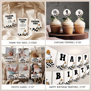 Halloween birthday set for one-year-old boy with editable signs, banners, and cupcake toppers, designed for spooky party lovers.