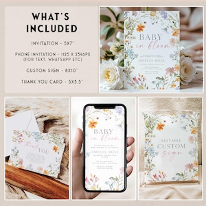 Op de afbeelding: Een babyborrel uitnodigingsset met bloemmotieven. Inclusief een uitnodiging van 12,7 x 17,8 cm, een telefoonuitnodiging, een aangepast bord van 20,3 x 25,4 cm en een bedankkaart van 12,7 x 8,9 cm. De uitnodiging luidt "Baby in Bloom" en bevat evenementdetails.