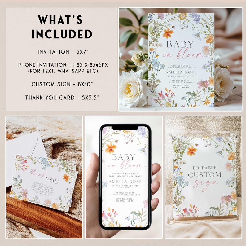 Op de afbeelding: Een babyborrel uitnodigingsset met bloemmotieven. Inclusief een uitnodiging van 12,7 x 17,8 cm, een telefoonuitnodiging, een aangepast bord van 20,3 x 25,4 cm en een bedankkaart van 12,7 x 8,9 cm. De uitnodiging luidt "Baby in Bloom" en bevat evenementdetails.