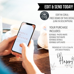 Puede incluir: Una pantalla de tel&eacute;fono digital que muestra una plantilla de invitaci&oacute;n de boda con los nombres Kayla y Oliver en un dise&ntilde;o moderno y minimalista. La plantilla es personalizable con Corjl e incluye foto, texto, detalles y nota de regalos editables. La invitaci&oacute;n se proporciona en 1125 x 2346 p&iacute;xeles, lo que se ajusta a la mayor&iacute;a de los tel&eacute;fonos.