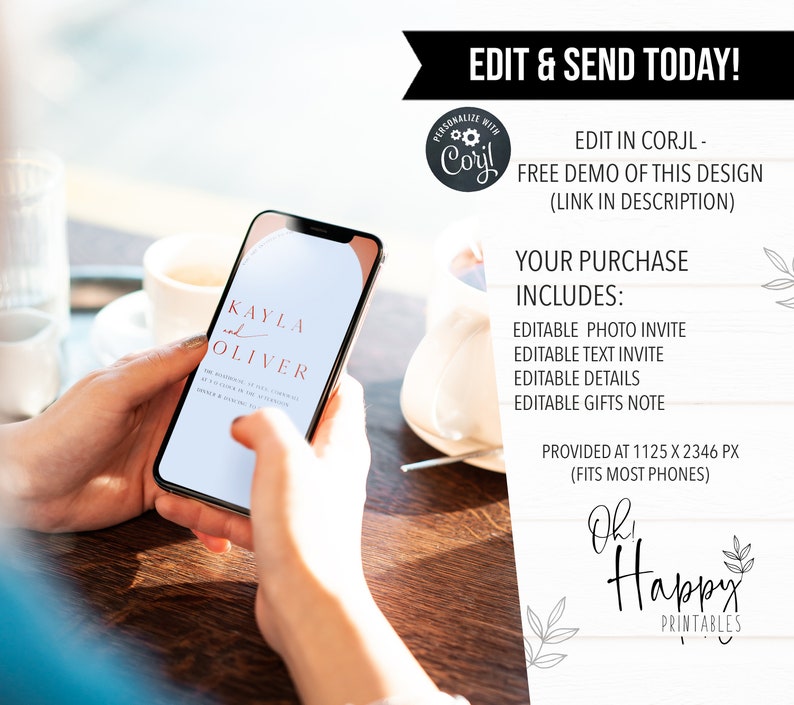 Puede incluir: Una pantalla de tel&eacute;fono digital que muestra una plantilla de invitaci&oacute;n de boda con los nombres Kayla y Oliver en un dise&ntilde;o moderno y minimalista. La plantilla es personalizable con Corjl e incluye foto, texto, detalles y nota de regalos editables. La invitaci&oacute;n se proporciona en 1125 x 2346 p&iacute;xeles, lo que se ajusta a la mayor&iacute;a de los tel&eacute;fonos.