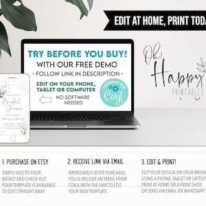 Puede incluir: Una pantalla de computadora port&aacute;til que muestra un gr&aacute;fico que dice "Try Before You Buy! With Our Free Demo - Follow Link In Description - Edit On Your Phone, Tablet Or Computer No Software Needed" con un dise&ntilde;o floral verde y blanco en el lado izquierdo de la pantalla. La computadora port&aacute;til est&aacute; sobre una superficie blanca. Debajo de la computadora port&aacute;til, hay tres pasos para comprar y editar una plantilla imprimible: 1. Comprar en Etsy, 2. Recibir el enlace por correo electr&oacute;nico, 3. &iexcl;Editar e imprimir! El texto "Oh Happy Printables" est&aacute; en el lado derecho de la imagen.
