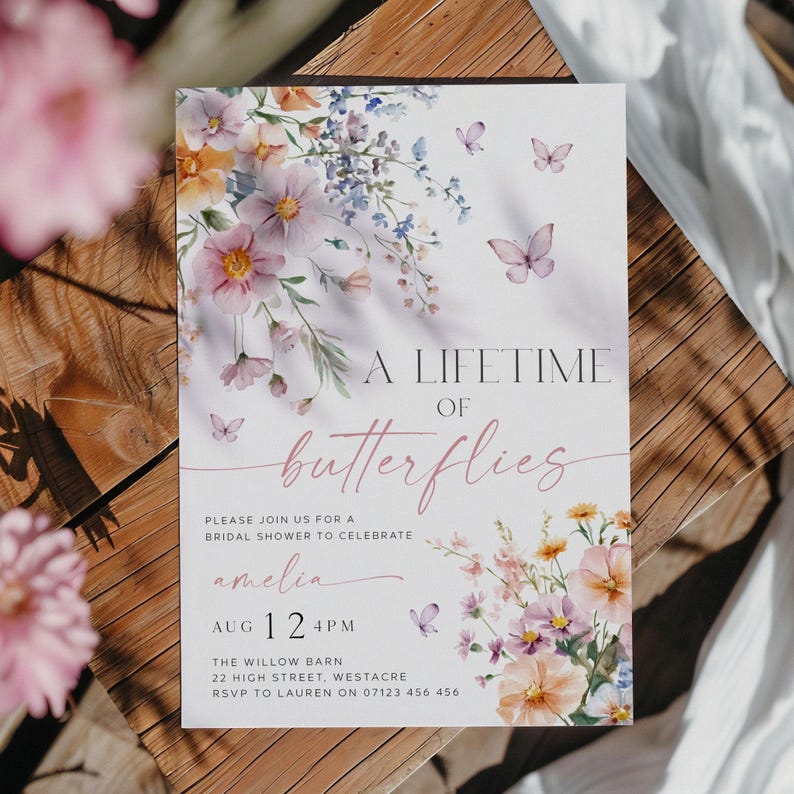 Lifetime of Butterflies Bridal Shower Invite, Editable Wildflower Butterfly Bridal Invitation, Summer Butterfly Bridal Shower Invite