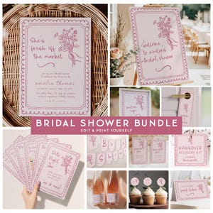 Love In Bloom Bridal Shower Invitation Bundle, She&#39;s Fresh off the Market Bridal Shower, Editable Love in Bloom Hand Drawn Bridal Games SOTM