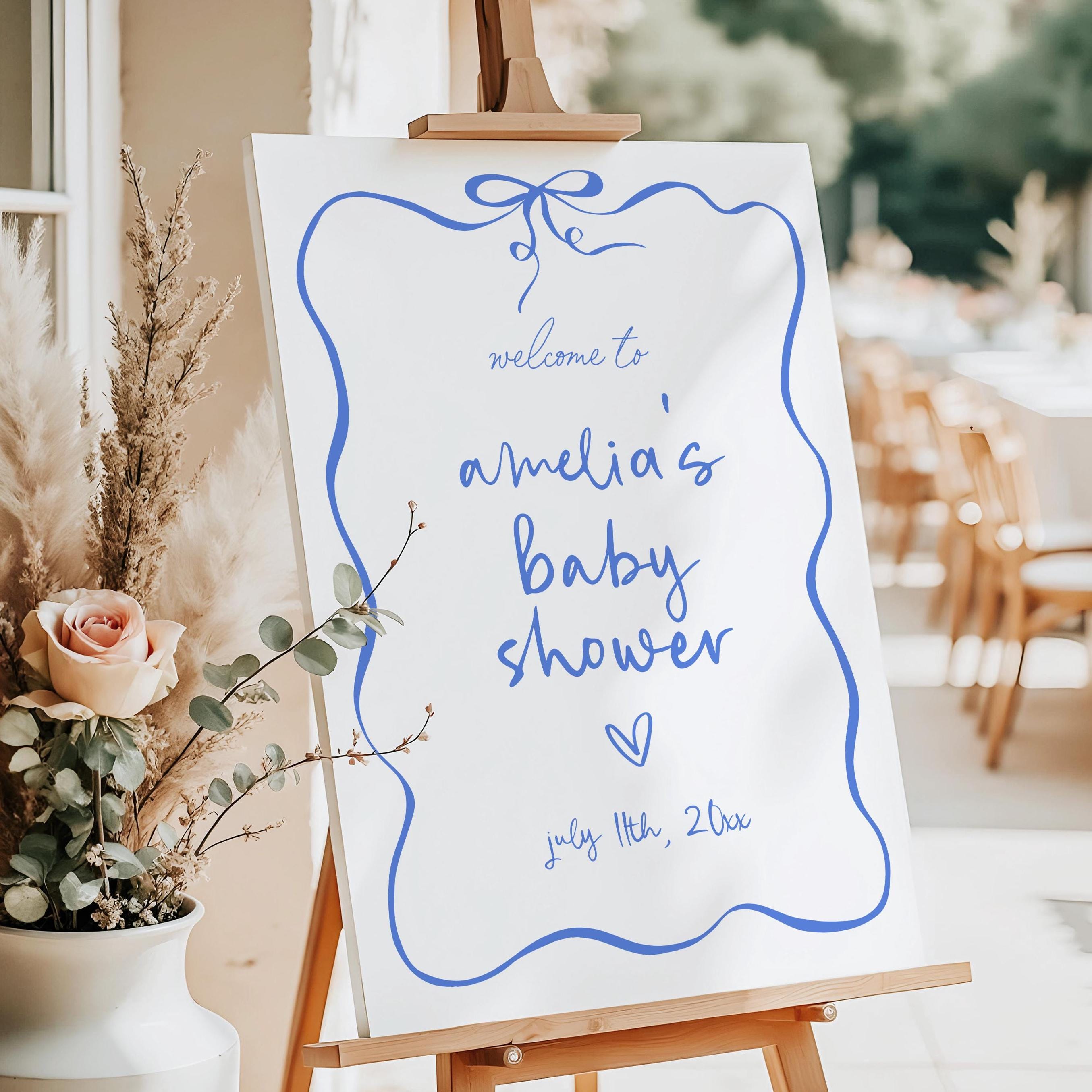 Blue Hand Drawn Bow Baby Shower Welcome Sign, Editable Template, Blue ...