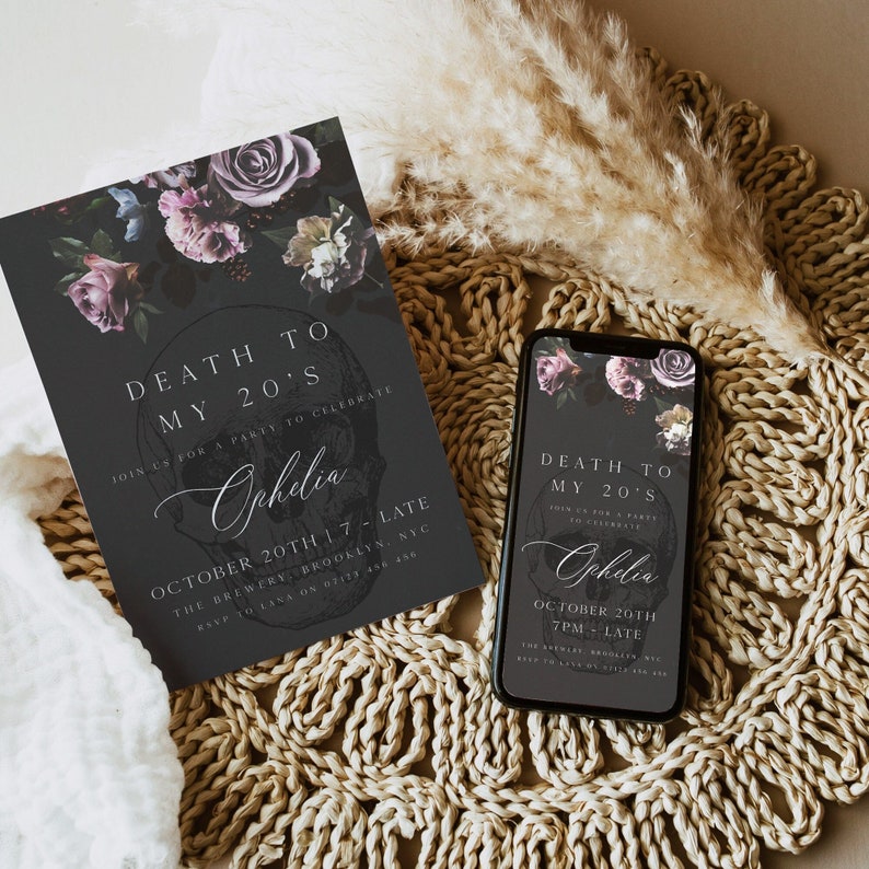 fully editable invitation and mobile invitation celebrating the death of my twenties. Gothic floral death to my twenties invitation suite