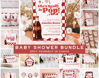 May include: A baby shower bundle with a retro theme. The design features red and white checkered patterns, a cola bottle graphic, and the phrase "She's Ready to Pop!". Includes invitations, labels, and decor.