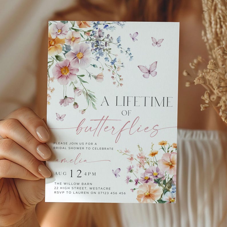 Lifetime of Butterflies Bridal Shower Invite, Editable Wildflower Butterfly Bridal Invitation, Summer Butterfly Bridal Shower Invite