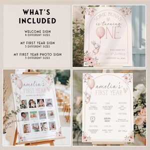 May include: A set of printable birthday signs and photo displays. The signs feature a bunny holding a balloon, floral accents, and the text "Some Bunny is Turning One." The "First Year" sign includes photos and details.