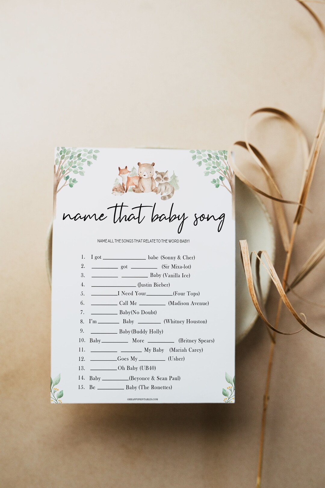 Name That Baby Song Game, Printable Baby Shower Games, Woodland Baby ...