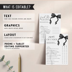 May include: Printable bridal shower game cards with black and white watercolor bow accents. The cards feature the text "Find the Guest" and "Over or Under".