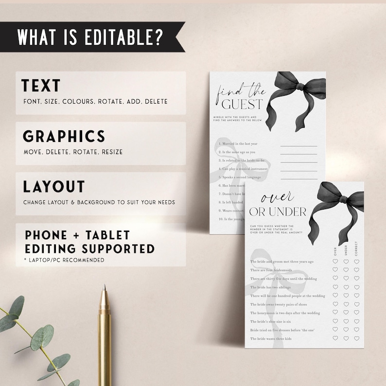 May include: Printable bridal shower game cards with black and white watercolor bow accents. The cards feature the text "Find the Guest" and "Over or Under".