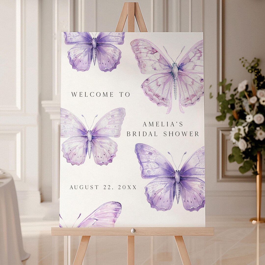 A Lifetime of Butterflies Bridal Shower Welcome Sign, Editable Purple ...