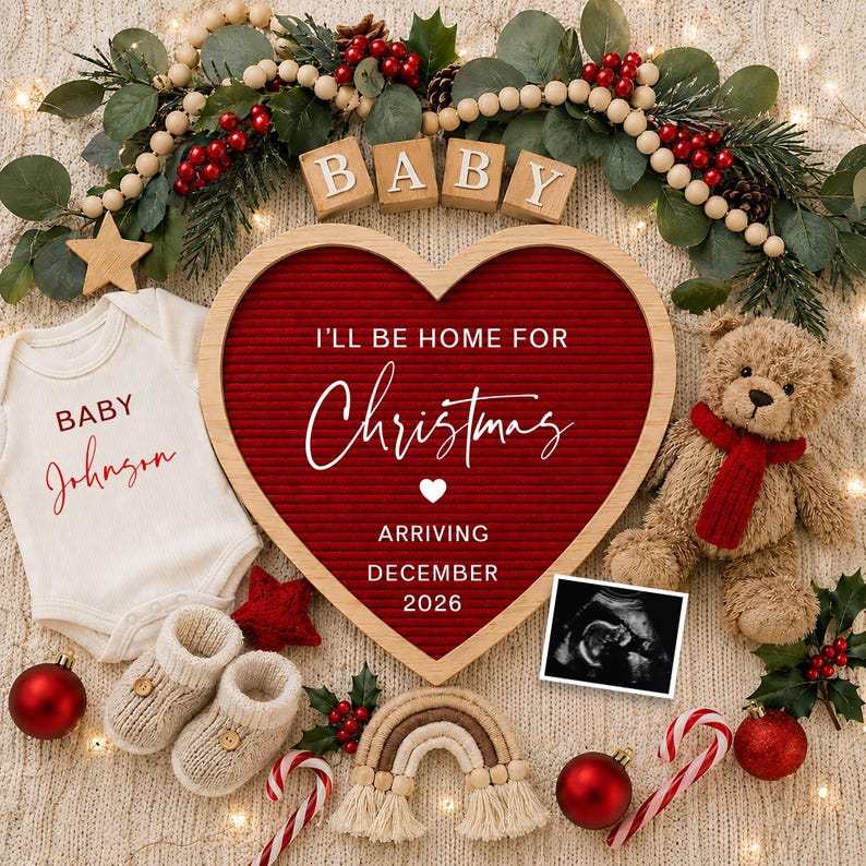 Christmas Pregnancy Announcement Red Heart Gender Neutral Pregnancy Announcement Canva Editable Template PA