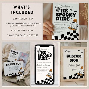 Printable 1st birthday party bundle for boys with ghost on skateboard, great for October birthdays and DIY party planners.