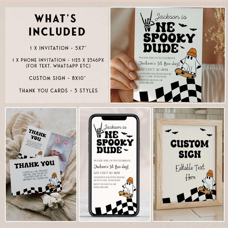 Printable 1st birthday party bundle for boys with ghost on skateboard, great for October birthdays and DIY party planners.