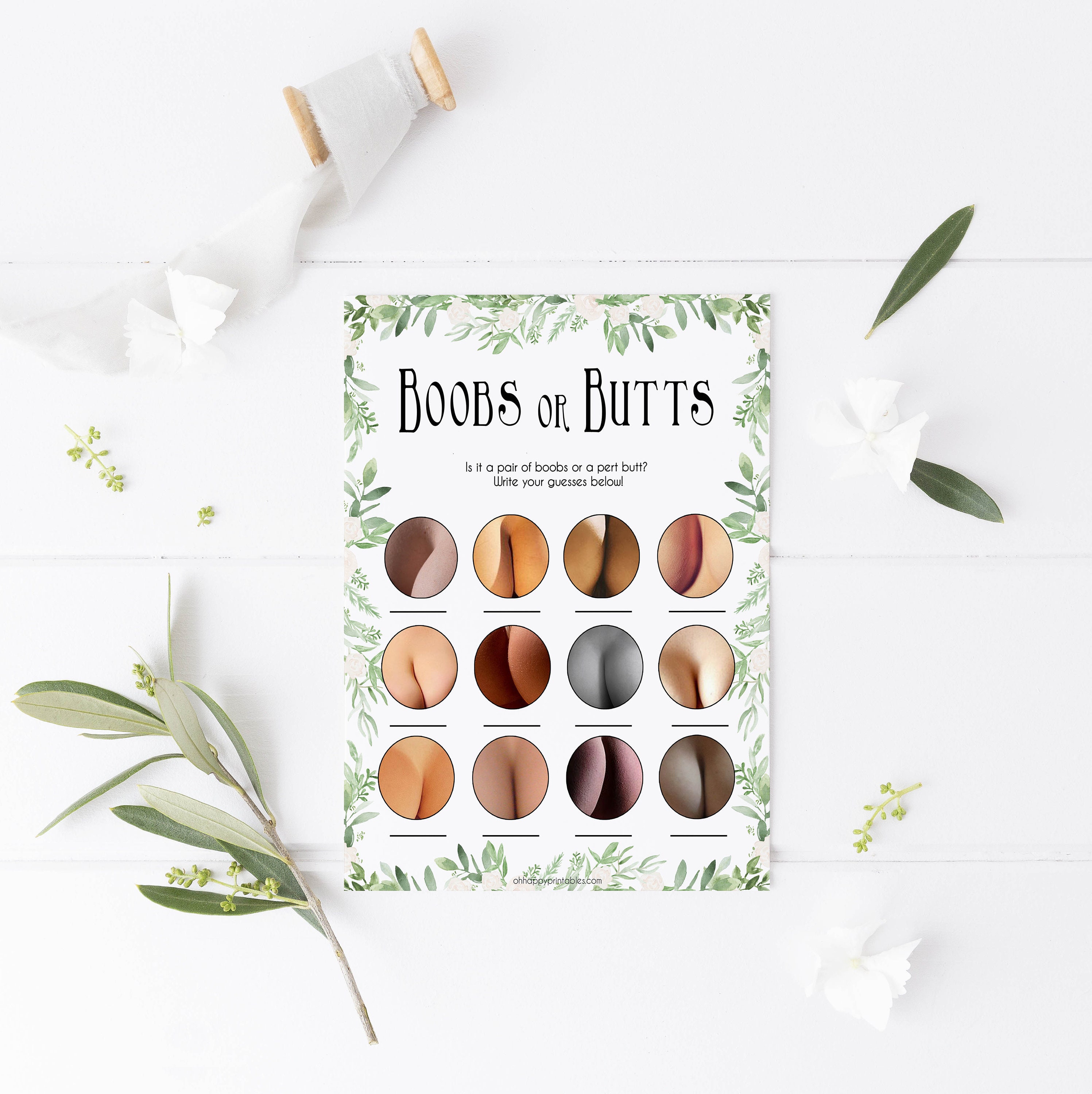 Boobs or Butts Baby Game, Printable Baby Shower Games, Greenery