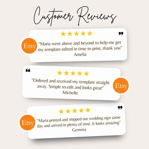 May include: Image showing customer reviews with five-star ratings. The reviews are in white speech bubbles with the Etsy logo. The text includes positive feedback about template editing, ease of use, and shipping.