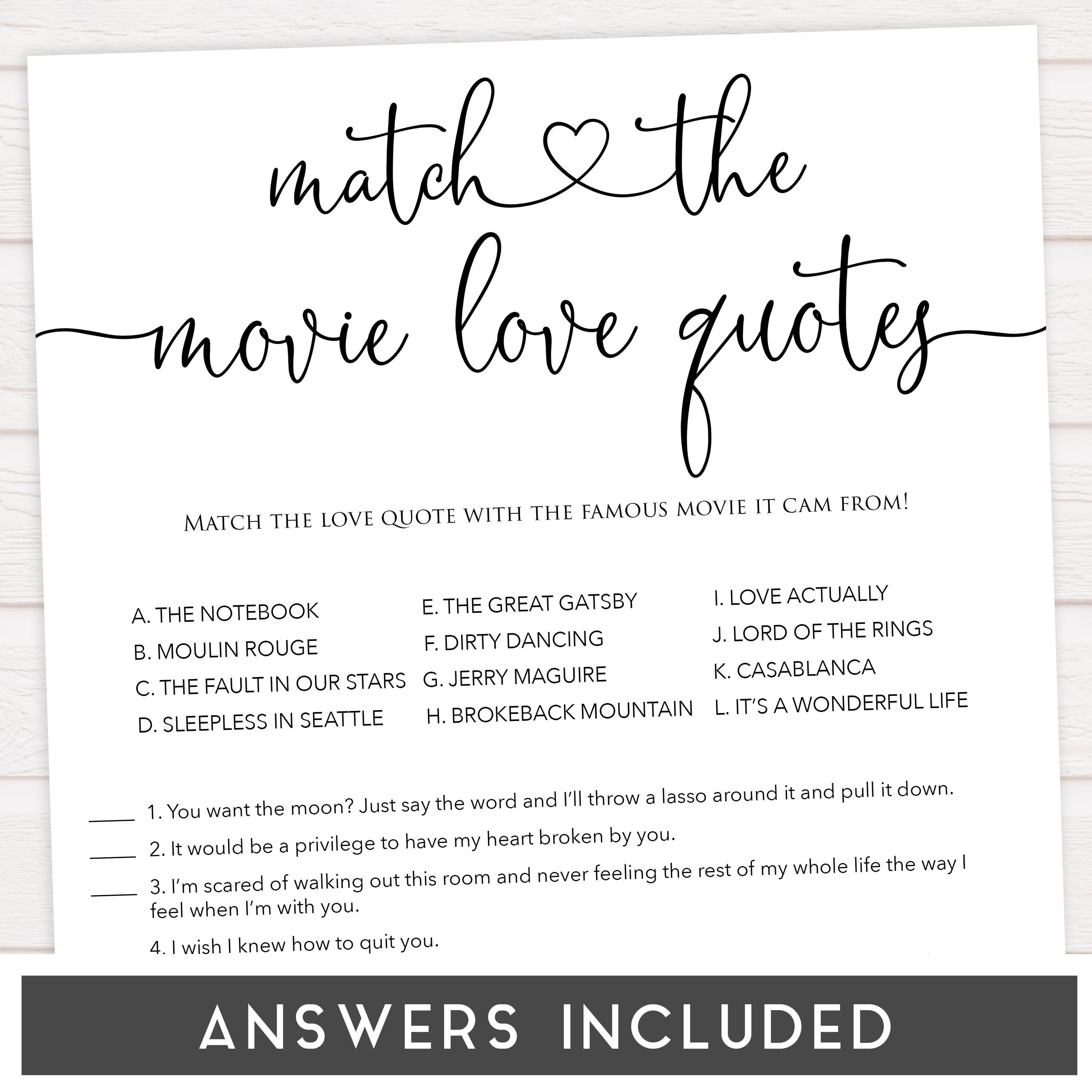 Minimalist Bridal Shower Game Movie Love Quotes Bridal Etsy
