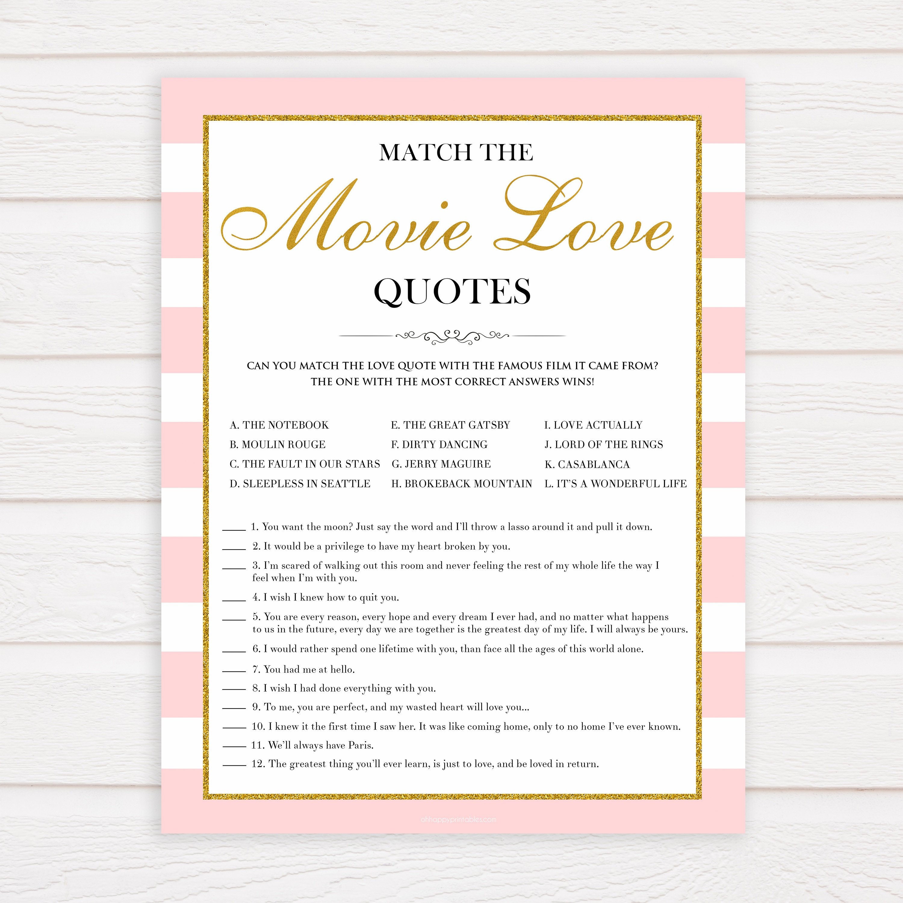 Bridal Shower Game Movie Love Quotes Paris Bridal Shower Etsy