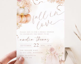 Fall Bridal Shower Invitation Template, Watercolour Fall in Love Bridal Shower Invite, Editable Invite, Fall Pumpkin Bridal Shower Invite