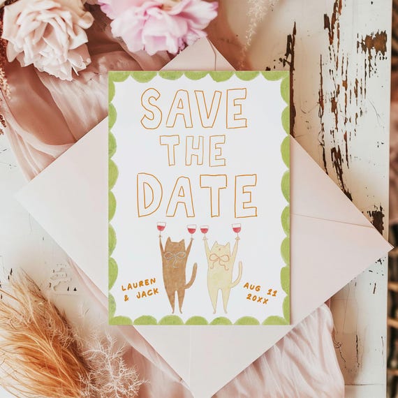 Save The Date Wedding Template, Fun Cat Save The Date Card Canva Template, Wedding Announcements Card, Editable Wedding Stationary Template