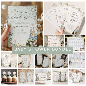 Può includere: Un pacchetto per baby shower a tema Peter Rabbit. Include inviti, giochi, cartelli di benvenuto ed etichette alimentari. I disegni incorporano elementi floreali e colori tenui, con il testo "A New Chapter Begins".