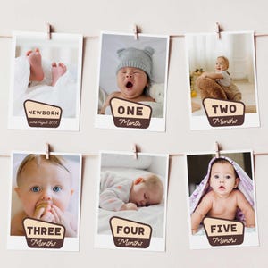 Modèle de bannière photo pour le premier anniversaire d'un campeur heureux, cartes d'étape mensuelles modifiables pour bébé 1ère année, guirlande photo imprimable OHC
