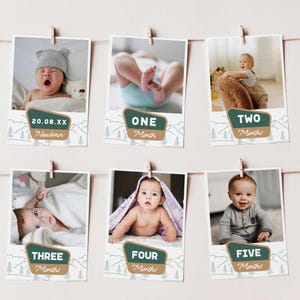 Sjabloon voor spandoek foto eerste verjaardag One Happy Camper, bewerkbare baby's 1e jaar maandelijkse mijlpaalkaarten afdrukbare sjabloon foto slinger OHC