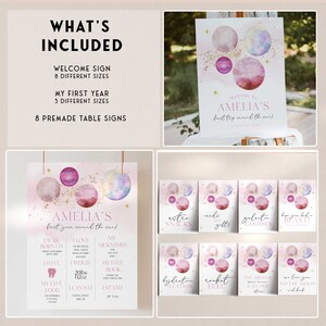 first trip around the sun birthday party bundle in a pink solar theme. The bundle is fully editable and includes items such as invitations, welcome signs, first year sign, tags, labels, bunting and more