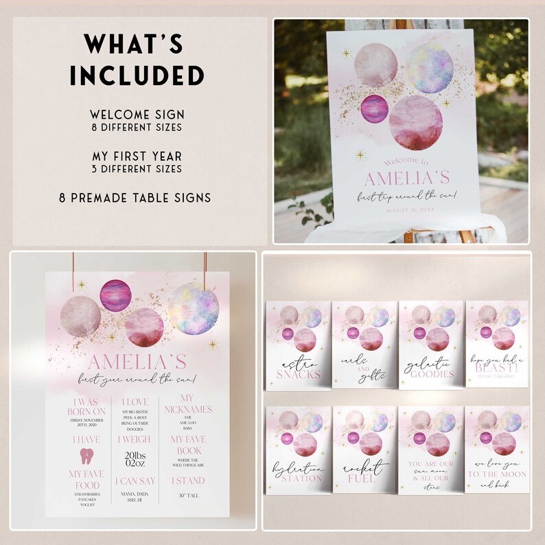 first trip around the sun birthday party bundle in a pink solar theme. The bundle is fully editable and includes items such as invitations, welcome signs, first year sign, tags, labels, bunting and more
