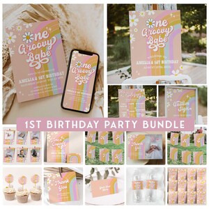 May include: A 1st birthday party bundle with a groovy babe theme. The bundle includes a welcome sign, a custom sign, a time capsule, a banner, cupcake toppers, water bottle labels, and invitations. The colours are pink, yellow, and blue.