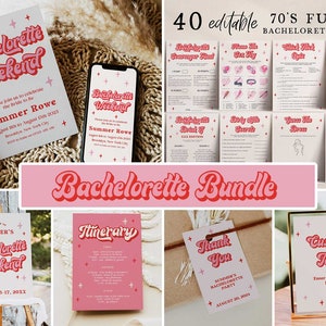 MAZZY 70s Bachelorette Weekend Bundle, Editable Bachelorette Games, Invites, Tags, Retro Bachelorette Party Bundle Including Invites MZ1