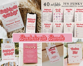 MAZZY 70s Bachelorette Weekend Bundle, Editable Bachelorette Games, Invites, Tags, Retro Bachelorette Party Bundle Including Invites MZ1