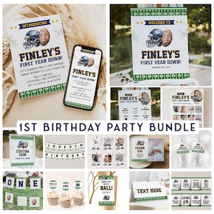 First Year Down Birthday Bundle, 1st Year Down Birthday, Blue Football Birthday Set, Editable Football Party Bundle Printables FB1