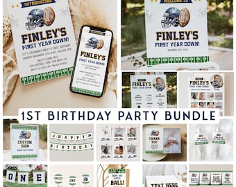First Year Down Birthday Bundle, 1st Year Down Birthday, Blue Football Birthday Set, Editable Football Party Bundle Printables FB1