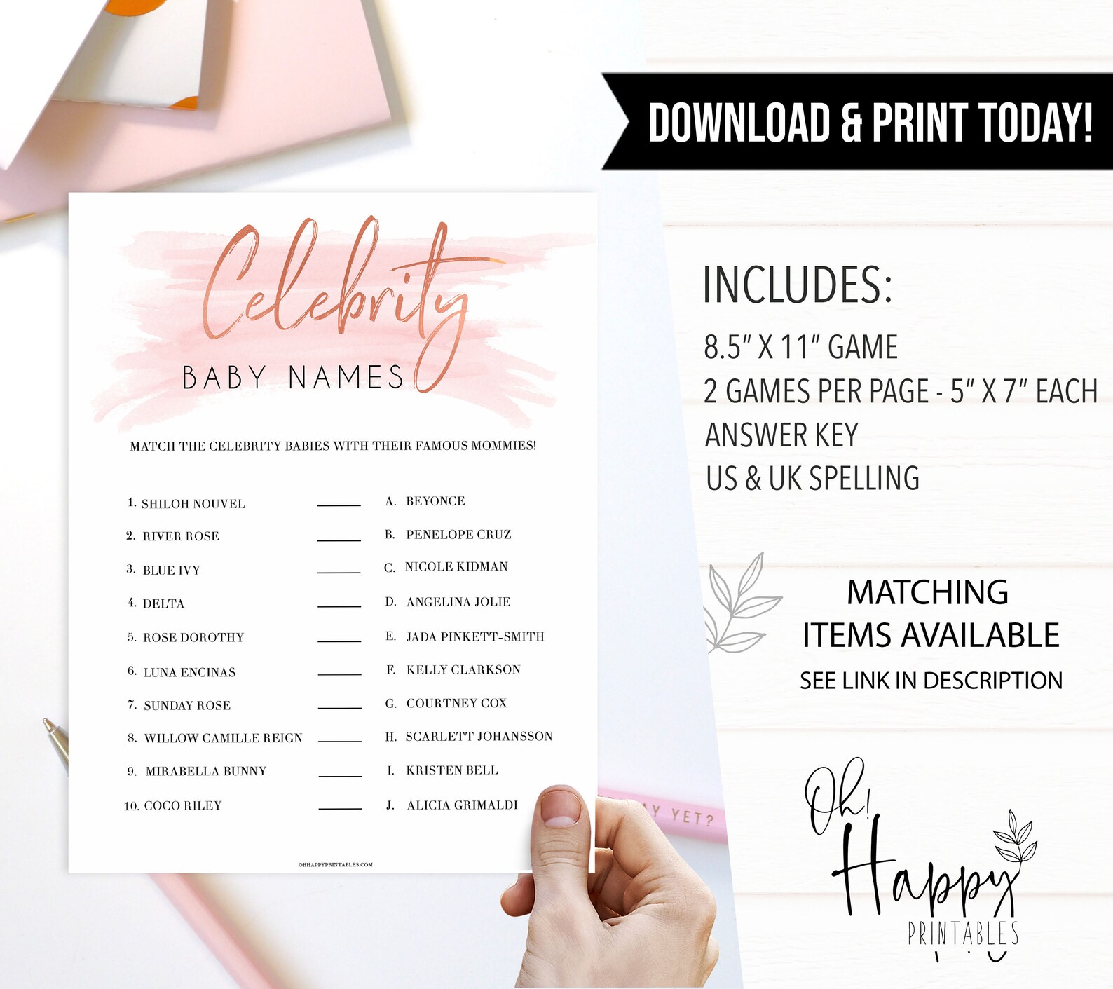 Celebrity Baby Name Game Printable Baby Shower Games Pink - Etsy