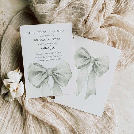 She's Tying the Knot Bridal Shower Invitation Template, Minimalist Sage Green Bow Editable Bridal Shower Invite, Coquette Bow Invite TTK