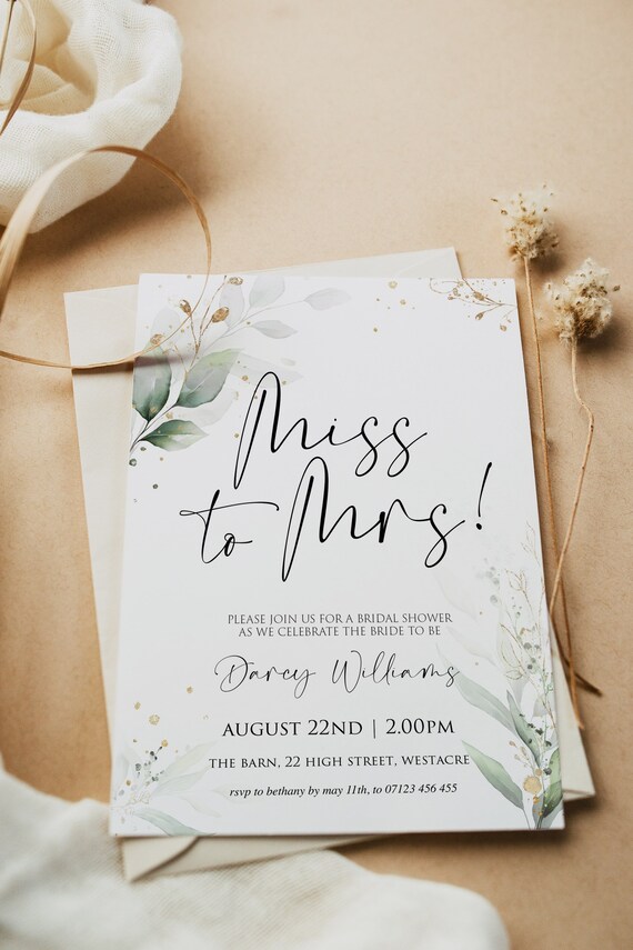 Miss to Mrs Bridal Shower Invitation, Greenery Bridal Shower Invite, Editable Invitation Template, Bachelorette Party Invitation, GL4