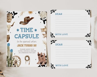May include: A printable time capsule card with a cowboy hat, boots, and cactus illustration. The card says "Time Capsule to be opened when Jack turns 18!" and "Please leave your hopes, wishes & dreams as a message for Jack."