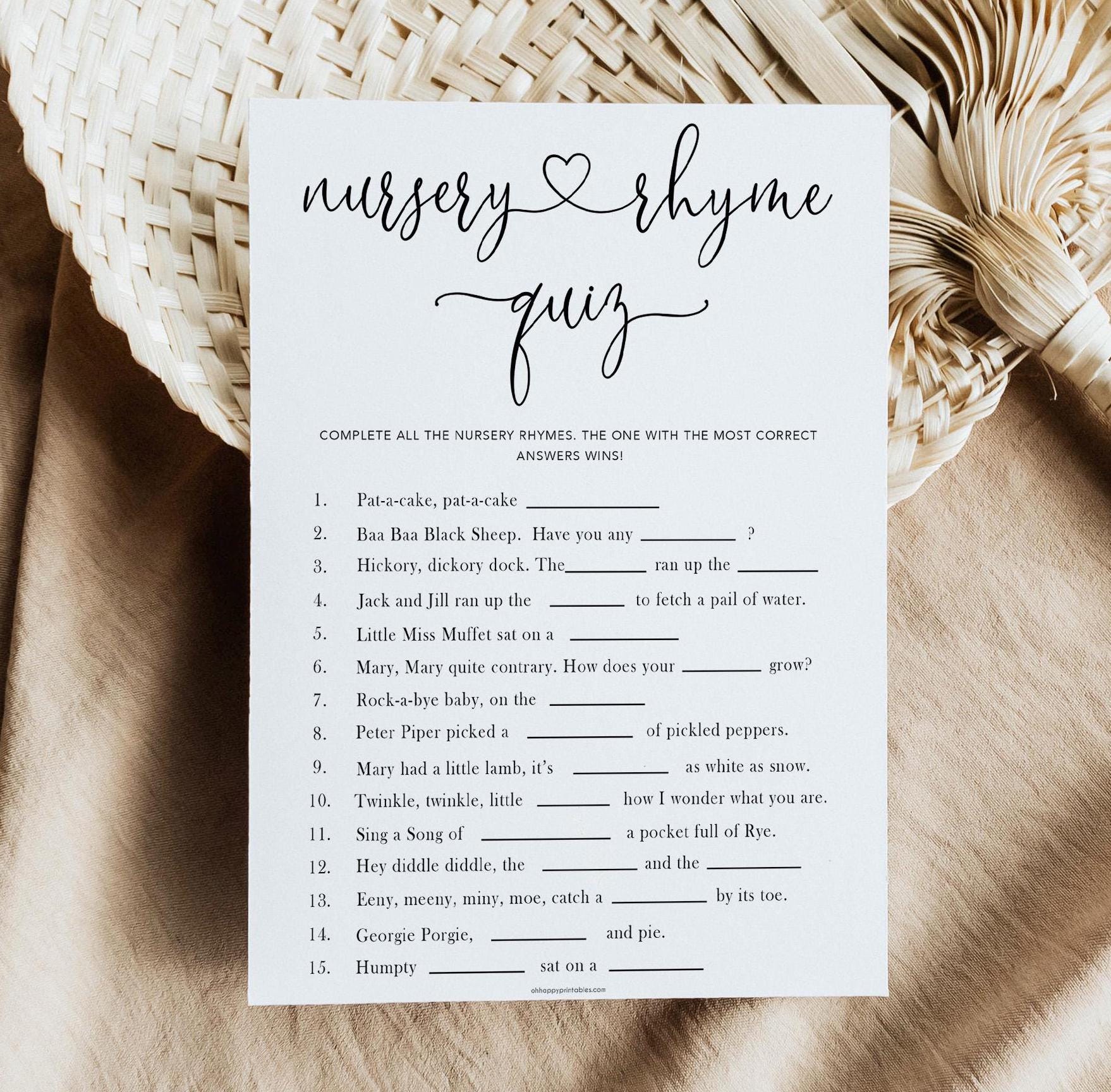 Baby Nursery Rhyme Quiz, Printable Baby Shower Games, Baby Shower Games, Nursery Rhyme Quiz Game, Fun Baby Shower Games, Nursery Game M1