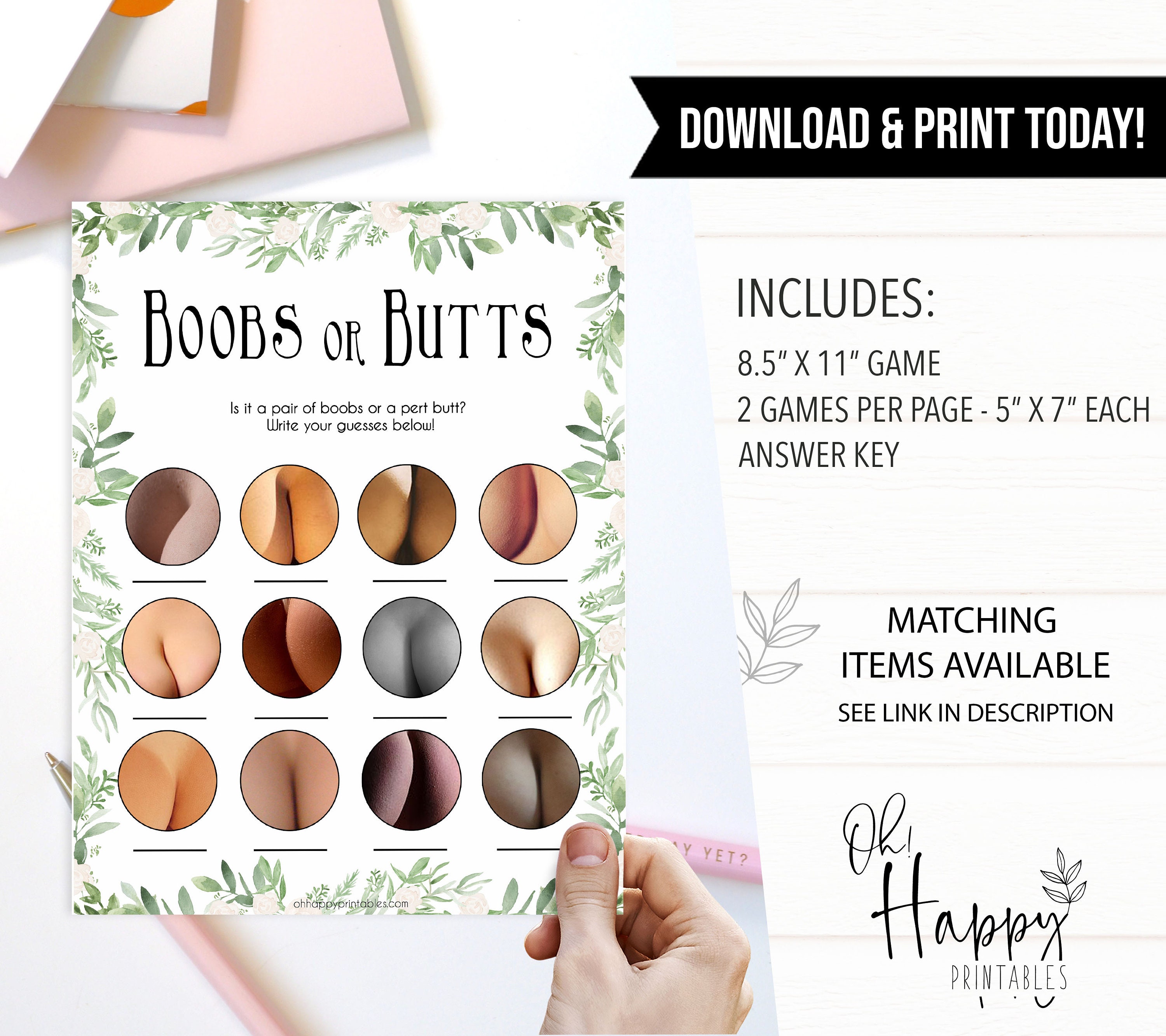 Boobs or Butts Baby Game, Printable Baby Shower Games, Greenery