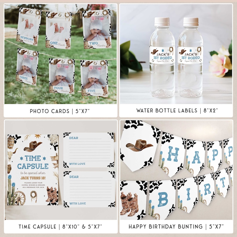 May include: A collection of cowboy-themed party supplies, including photo cards, water bottle labels, a time capsule, and a happy birthday banner. The photo cards display baby photos. The banner spells out "HAPPY BIRTHDAY".