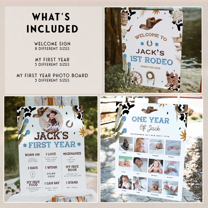 May include: A collection of cowboy-themed party signs. Includes a welcome sign, a first-year sign with baby photos, and a photo board. The signs feature a cowboy hat, boots, and a horseshoe. The text reads "Jack's 1st Rodeo" and "One Year Of Jack".