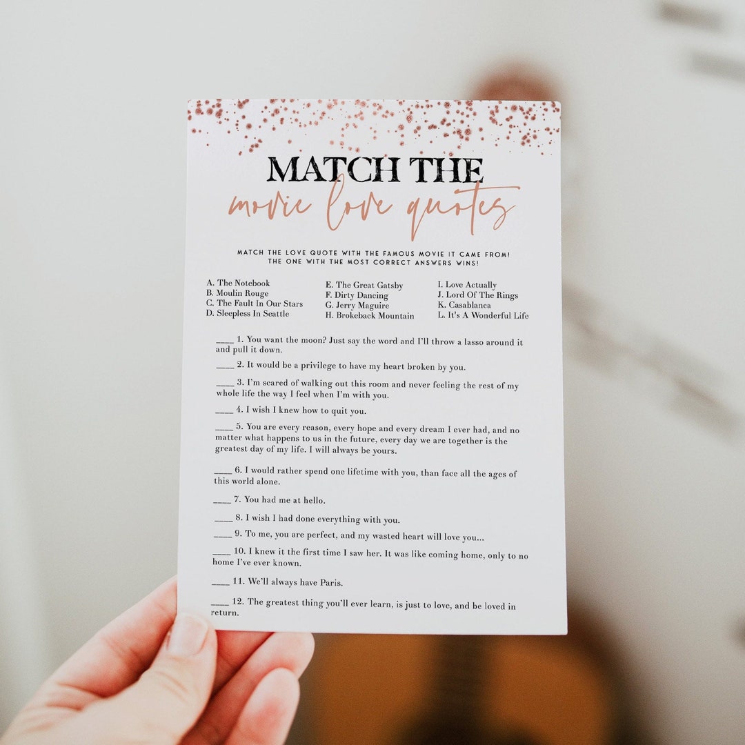 Match the Movie Quotes Bridal Shower Game Rose Gold Bridal Etsy
