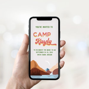 Retro Camp bachelorette weekend digital phone invitation and itinerary, featuring a a colour block outdoor scene and Camp Kayla in a retro font