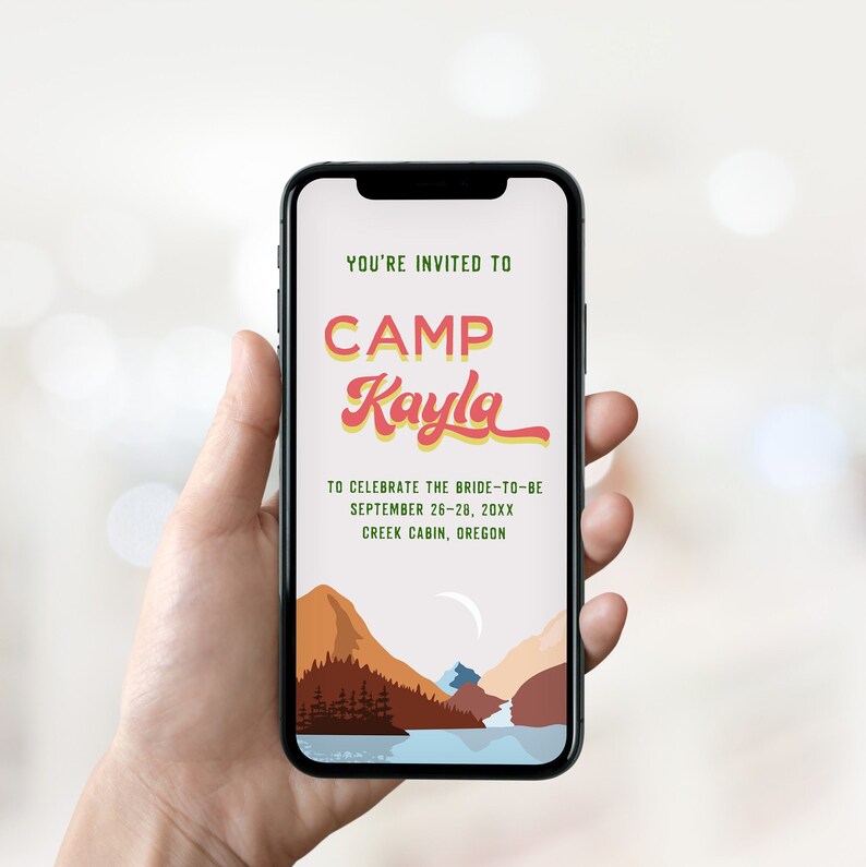 Retro Camp bachelorette weekend digital phone invitation and itinerary, featuring a a colour block outdoor scene and Camp Kayla in a retro font