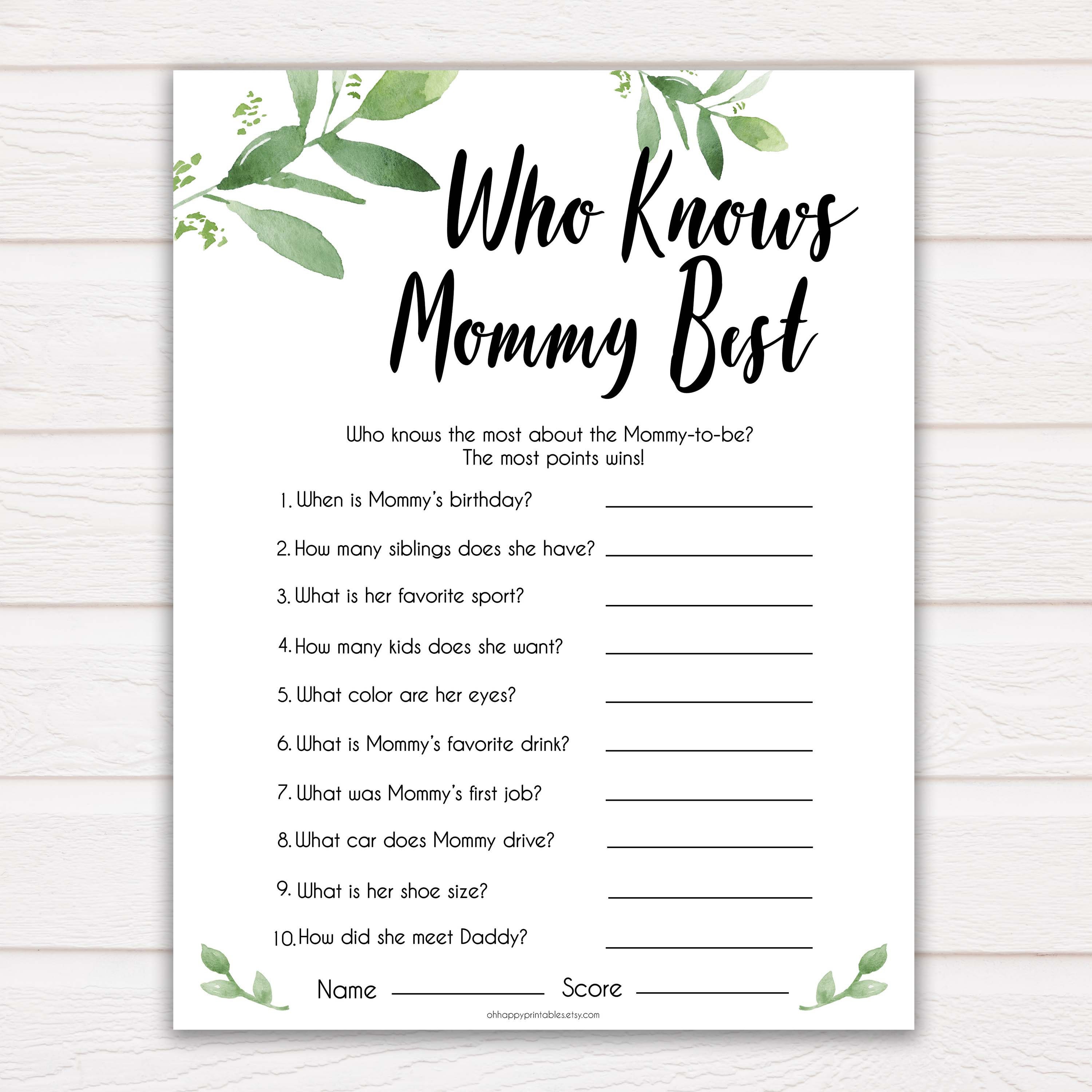 Botanical Who Knows Mommy Best Quiz Baby Shower Games Etsy