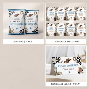 May include: A collection of party supplies with a Western theme. Includes chip bags, table signs, and food labels. The chip bags are 11" x 8.5" and feature cowboy hats, cacti, and the text "Jack's 1st Rodeo". The food labels are 5" x 3.5".